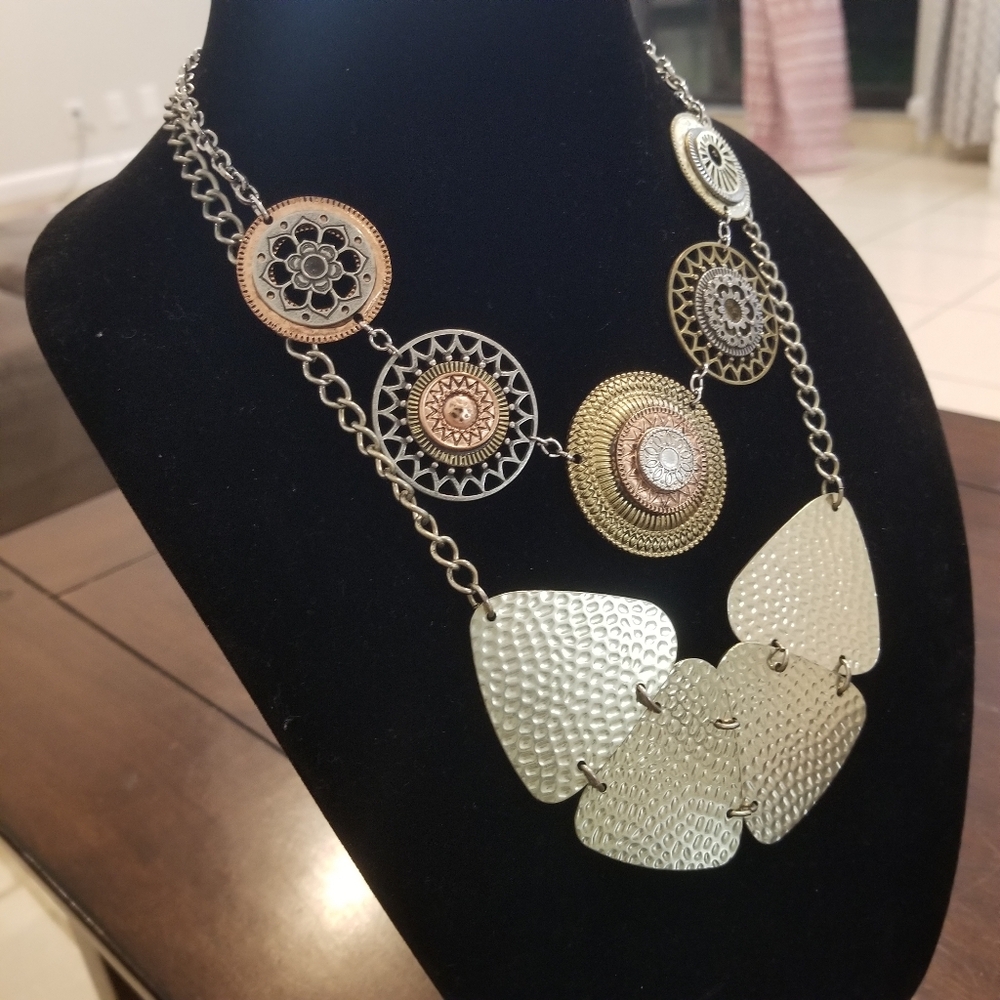 Multi-Tone Medallion Statement Necklaces Metal